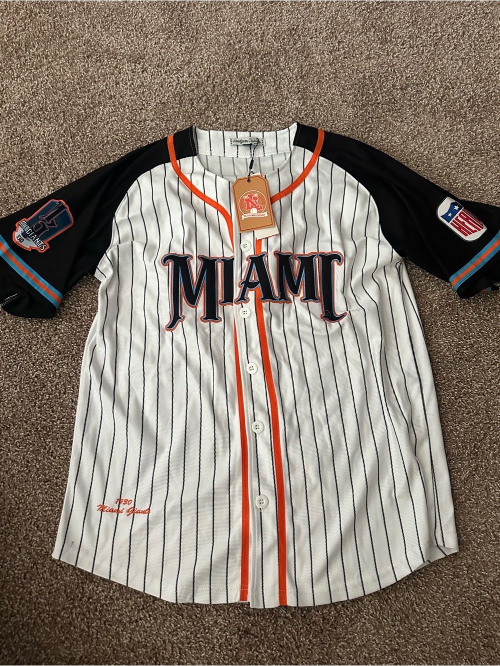 Miami Pinstripe Baseball Jersey - White/Black/Orange